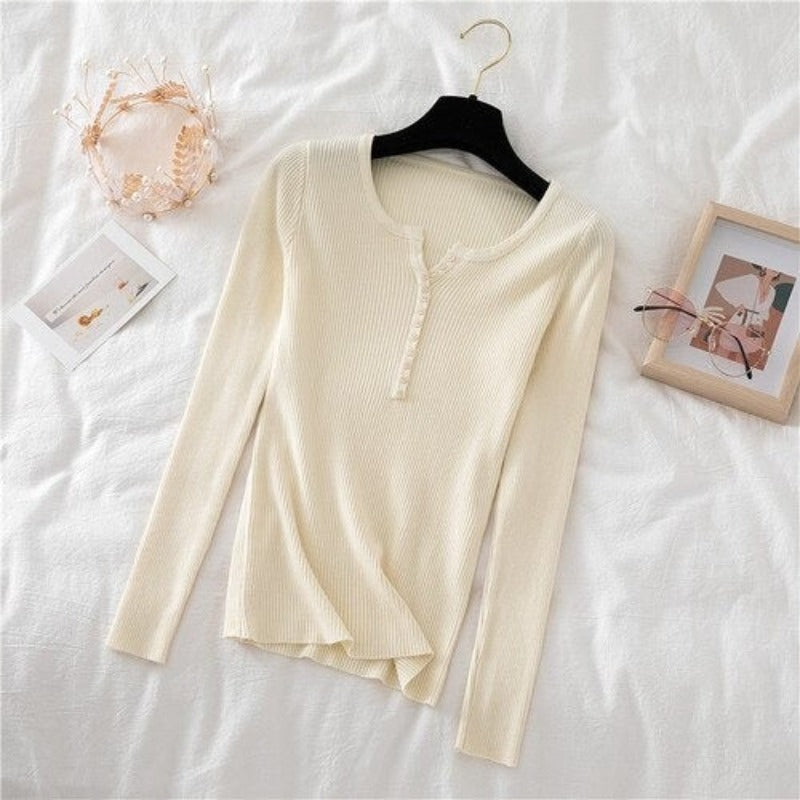 V-Neck Knitted Thin Long Sleeves Pullover For Women Off-White One Size