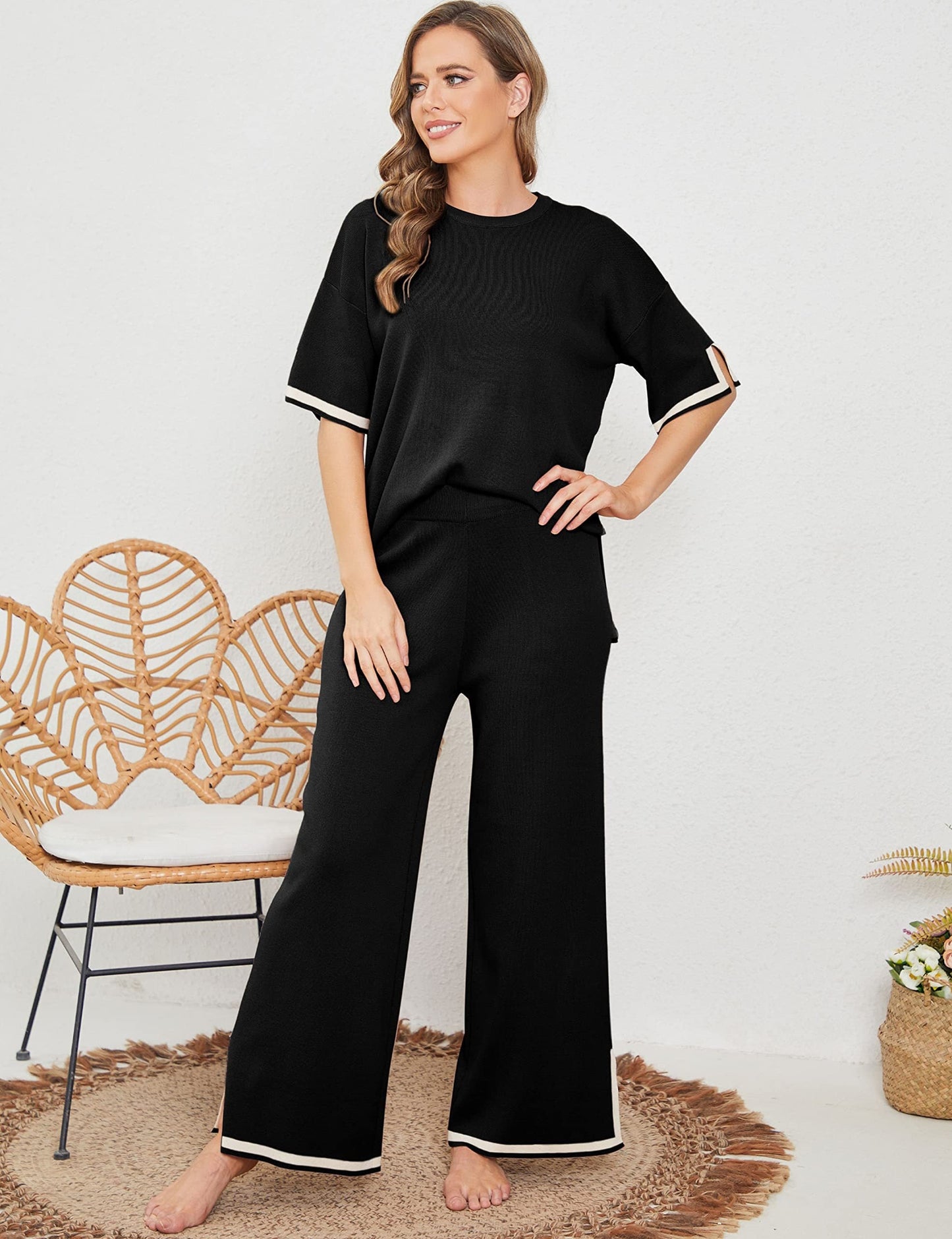 Classy Elastic Knit Lounge Set Black