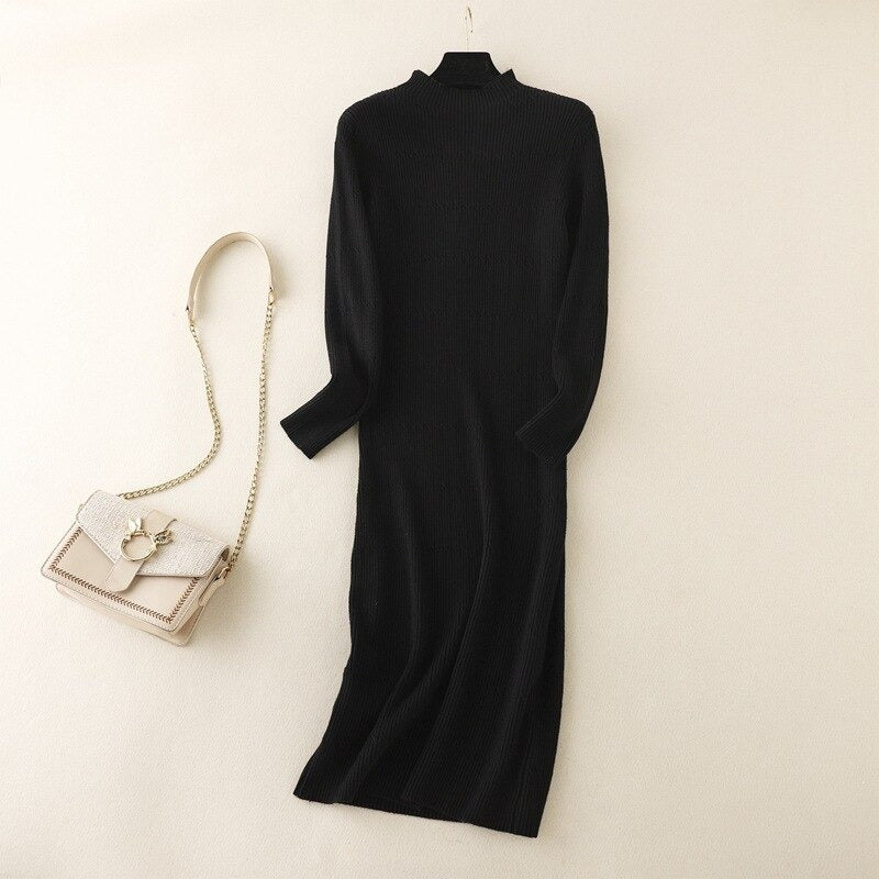 Mock Neck Slim A-Line Sweater Dress One Size Black