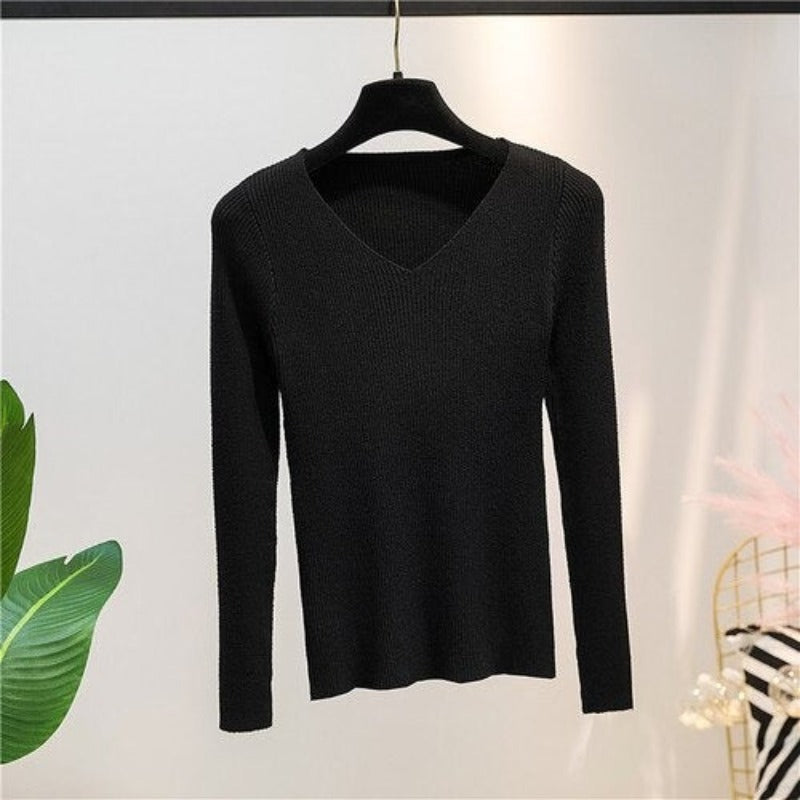 V-Neck Knitted Long-Sleeved Slim Tight Pullover For Women Black One Size