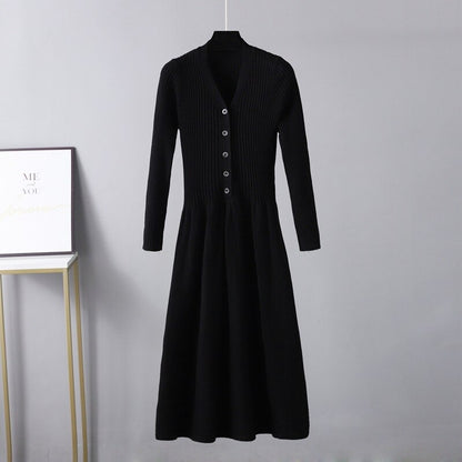 V-Neck Long Knit Maxi Sweater Dress For Women Black One Size