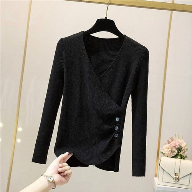 V-Neck Elegant Button Long-Sleeved Pullover For Women Black One Size