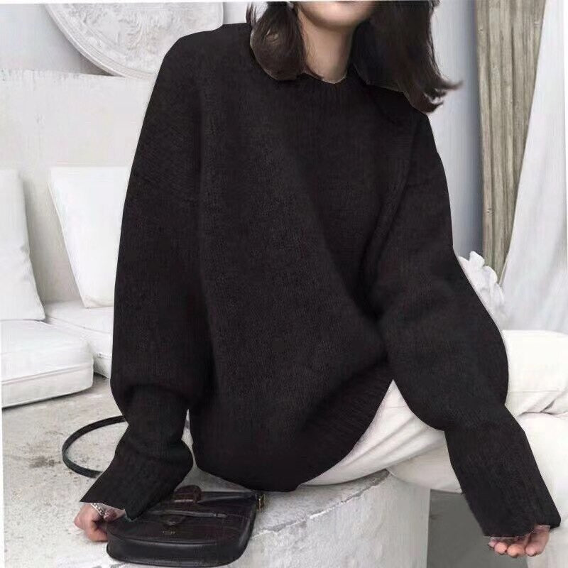 O-Neck Thick Knitted Loose Pullover For Women Black One Size