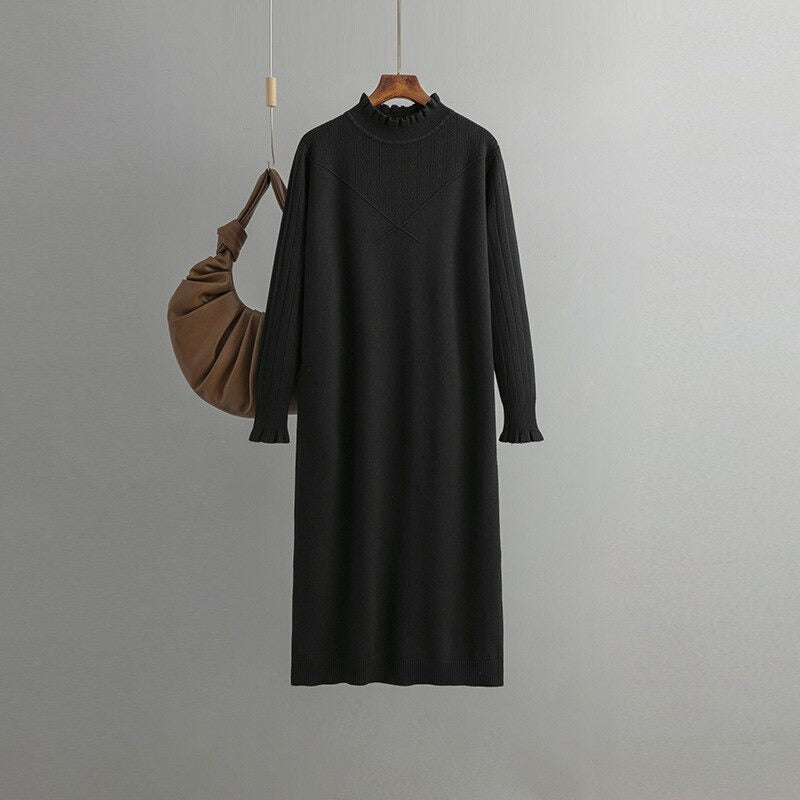 Loose Turtleneck Elastic Sweater Knitted Dress For Women Black