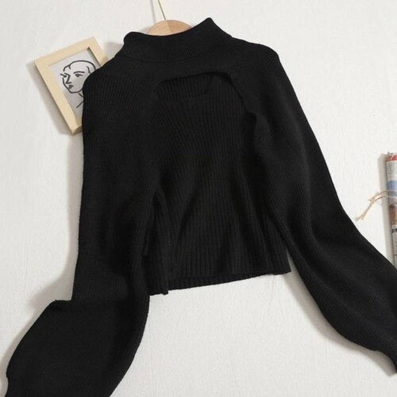 Turtleneck Long-Sleeved Knitted Smock With Vest Sweaters Black One Size