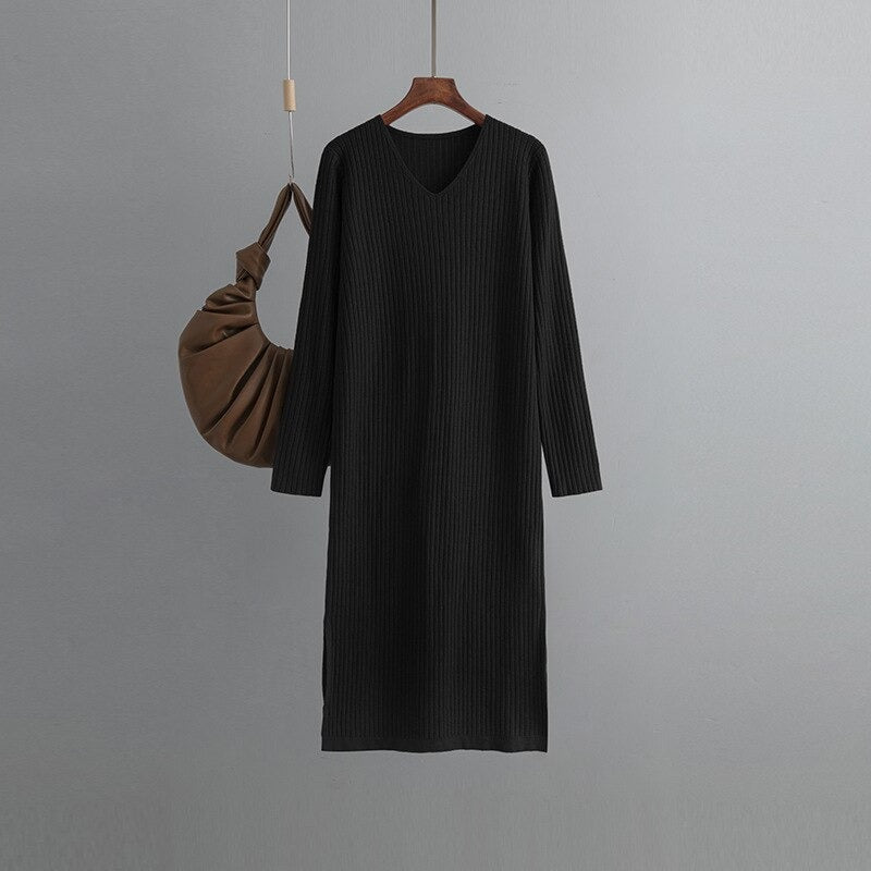 Long Sleeve Over Knee Sweater Dress For Women Black One Size