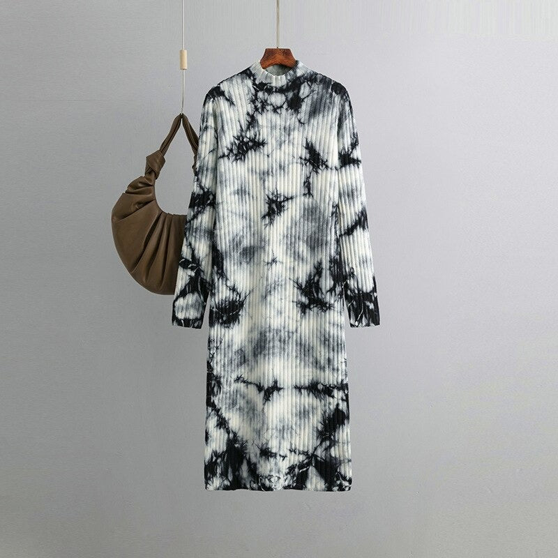 Loose Midi Retro Printed Soft Tie-Dyed Knitted Dress One Size Black