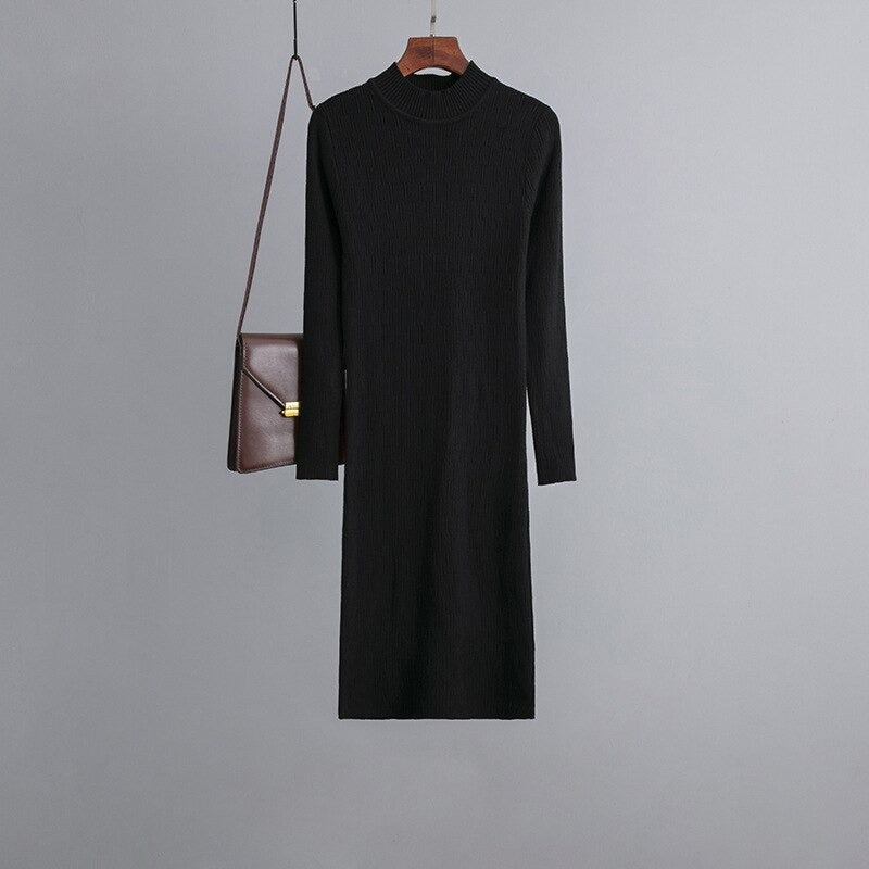 Knee-Length Ribbed Casual Sweater Dress For Women Black One Size