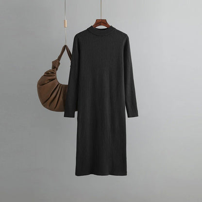 Basic O-Neck Loose Sweater Dress For Women Black One Size