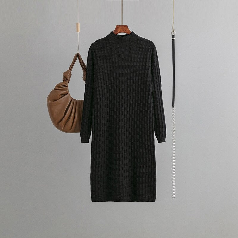 Casual Loose Knitted Long Sweater Dress With Belt One Size Black