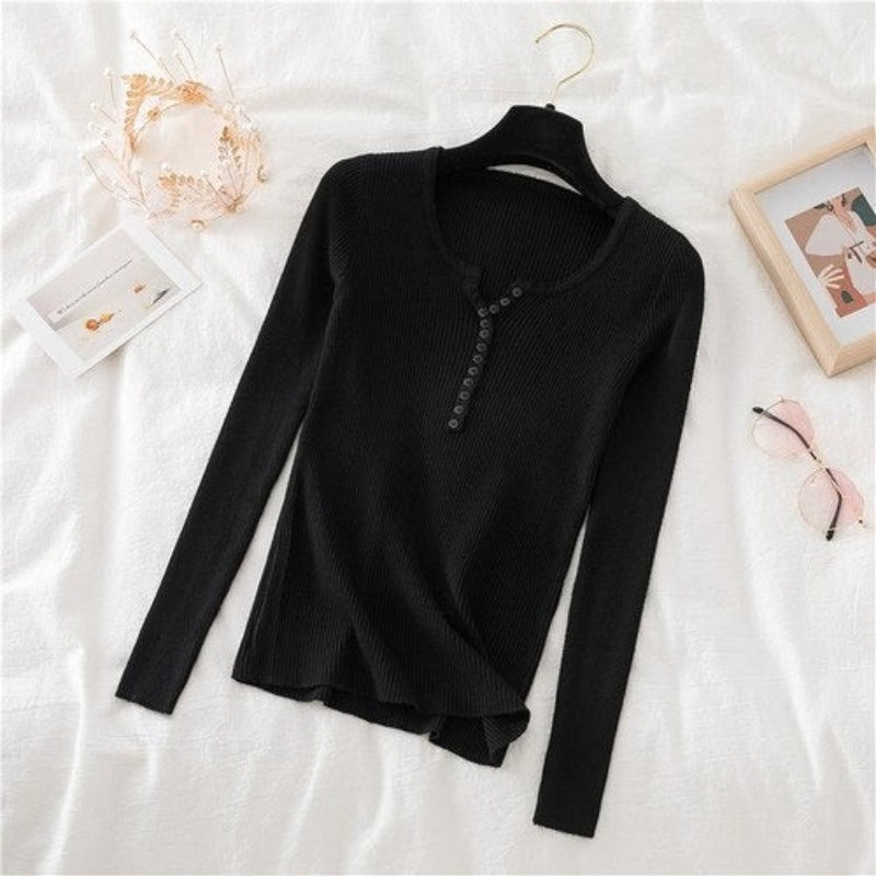 V-Neck Knitted Thin Long Sleeves Pullover For Women Black One Size