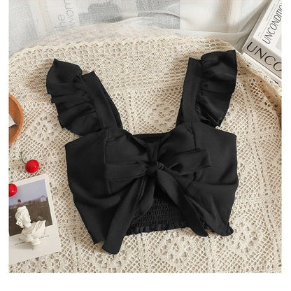 Bow Tie Lace-up Floral Print Camisole Tops For Women Black One Size