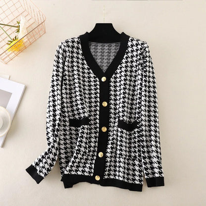 Elegant Houndstooth Knit Oversized Cardigan For Women Black One Size