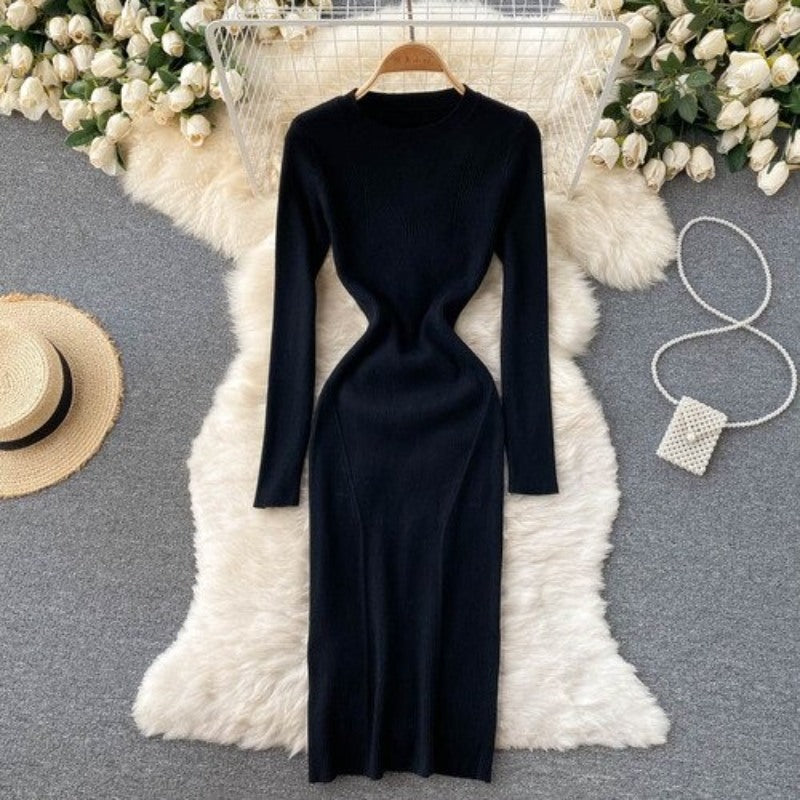 Elegant O Neck Tight Stretch Knit Dress For Women Black One Size