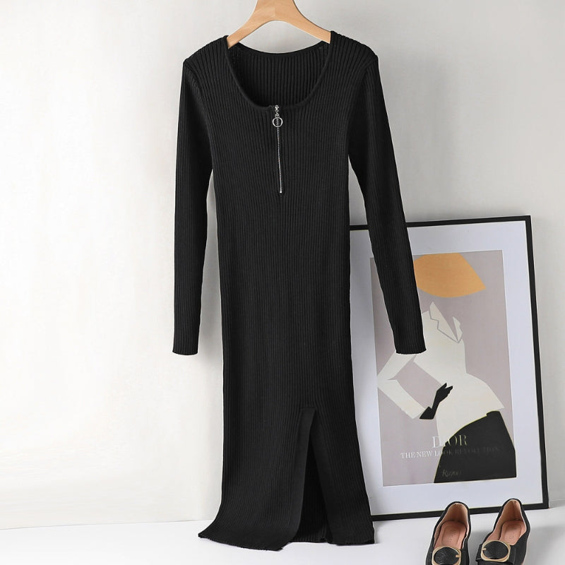 Slim Fit Knitted Long Sleeved Zipper Dress Black One Size