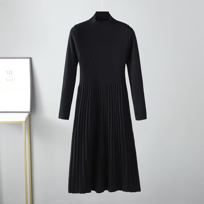 Half-Turtleneck Knitted Ribbed Warm Sweater Dress One Size Black