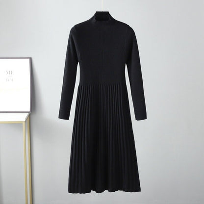 Half-Turtleneck Knitted Ribbed Warm Sweater Dress One Size Black