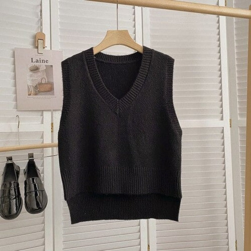 Loose Knitted V-Neck Sweater Vest For Women Black One Size