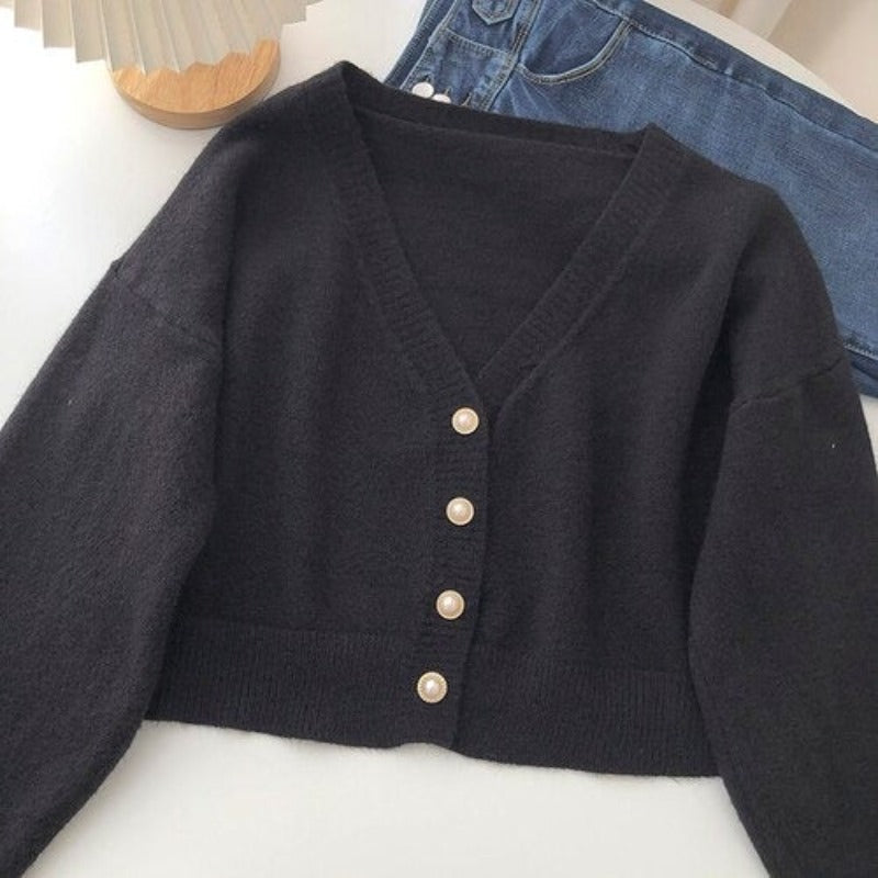 V-Neck Solid Long-Sleeved Knitted Cardigans For Women Black One Size