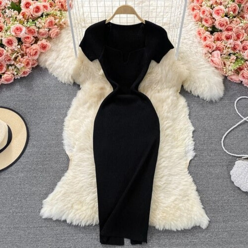 Knitted Square Neck Slit Slim Dress Black One Size