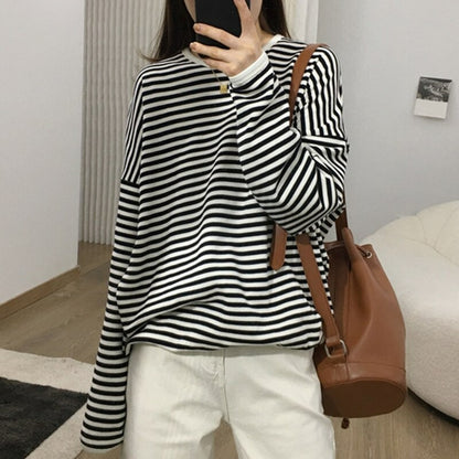 Women's Striped Oversized Casual Sweatshirt Black One Size