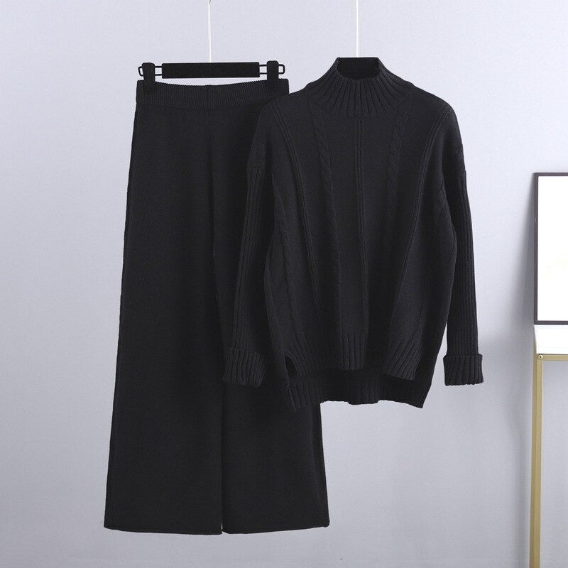 Warm Cashmere Sweater And Pants Sets For Women Black One Size