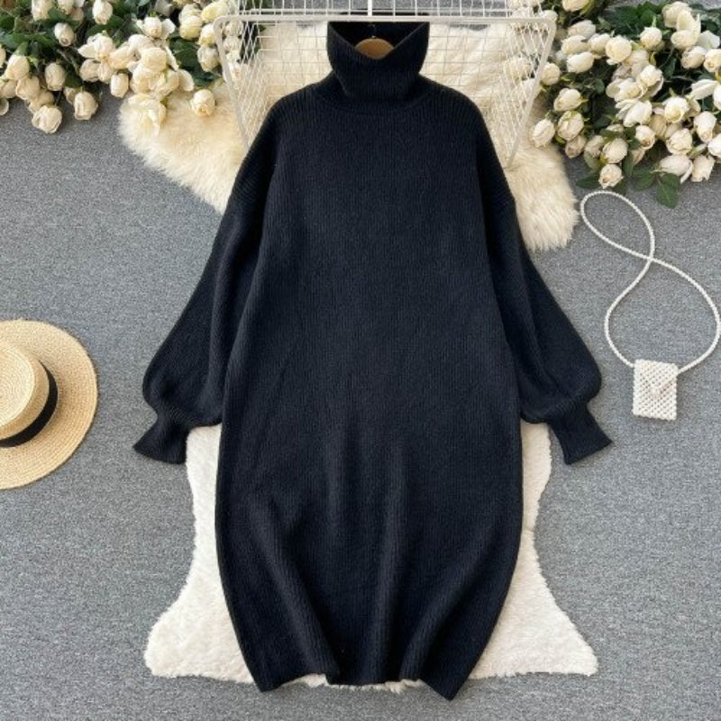 Loose Turtleneck Knitted Slim Long Woolen Dress One Size Black