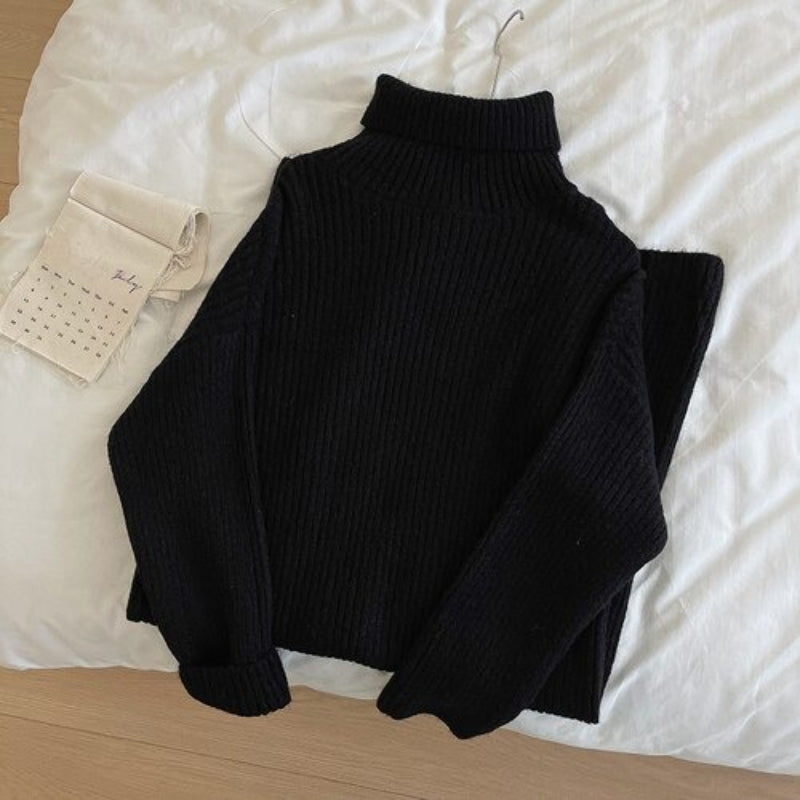 Turtleneck Long Knitted Casual Sweater Dress One Size Black