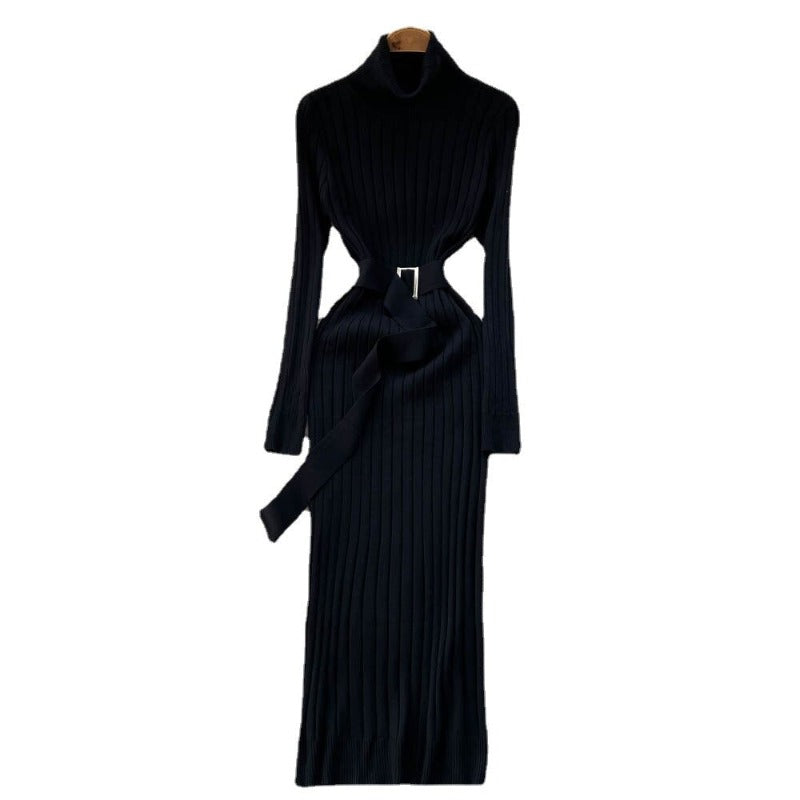 Knitted Waist Slimming Long Bodycon Dress With Belt One Size Black