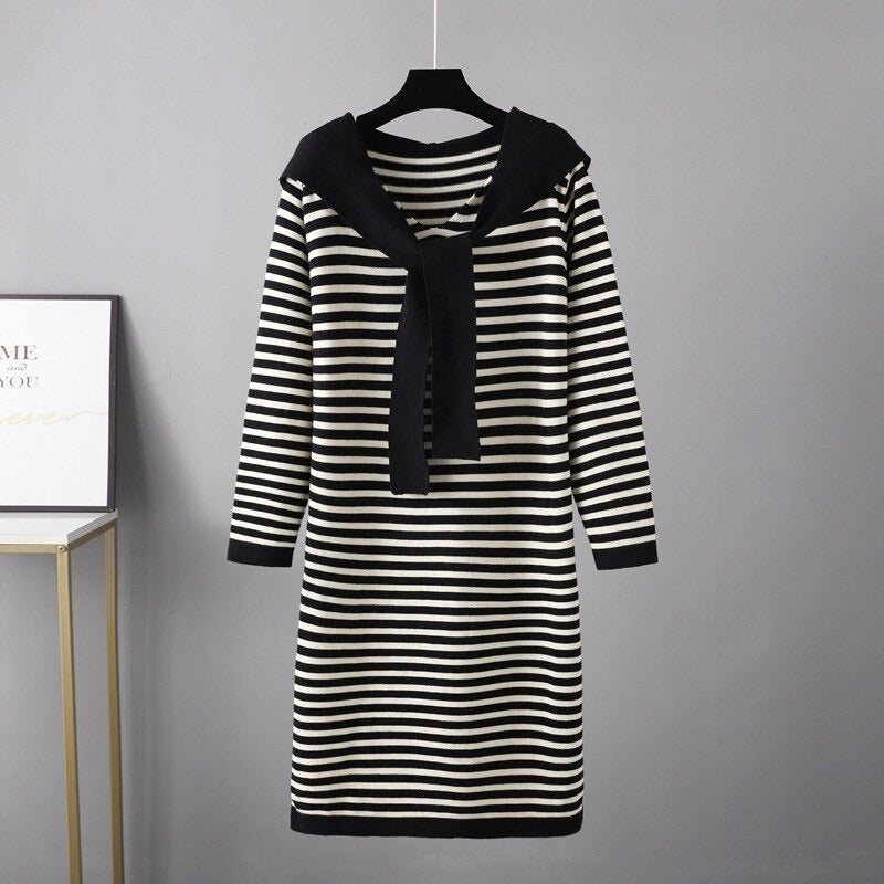 Women's Hooded Loose Striped Sweater Dresses With Shawl One Size Black