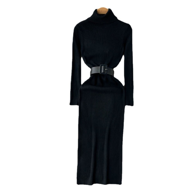 Long Turtleneck A-Line Knitted Bodycon Dress With Belt One Size Black