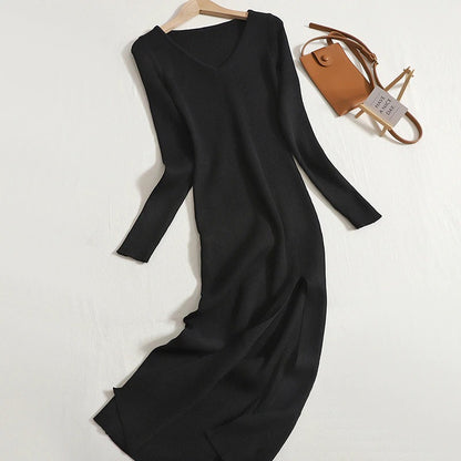 V-Neck Knitted Slim Long Sheath Knitted Dress Black