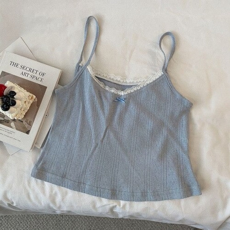 Camisole Vintage Short Tops For Women Blue One Size