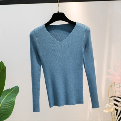 V-Neck Knitted Long-Sleeved Slim Tight Pullover For Women Blue One Size