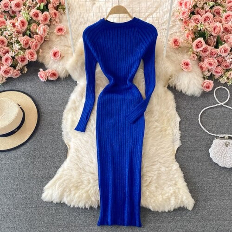 O-Neck Winter Knitted Bodycon Sweater Dress Royal Blue One Size