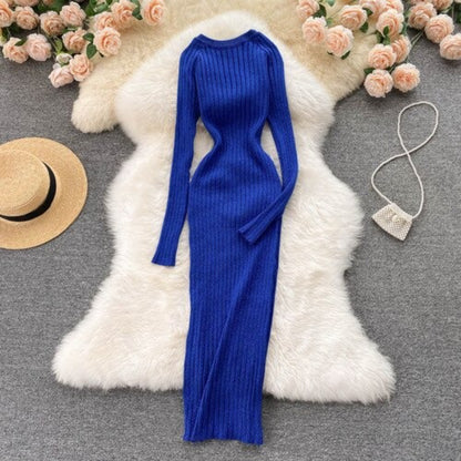 O-Neck Elastic Warm Knitted Sweater Dress One Size Blue