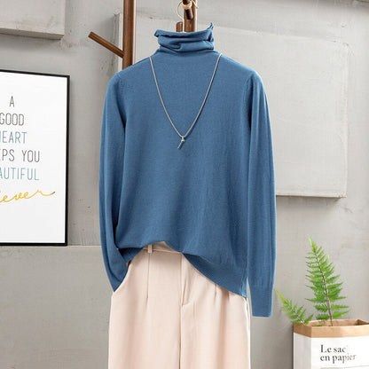 Soft Cashmere Turtleneck Slim-Fit Pullovers For Women Blue One Size