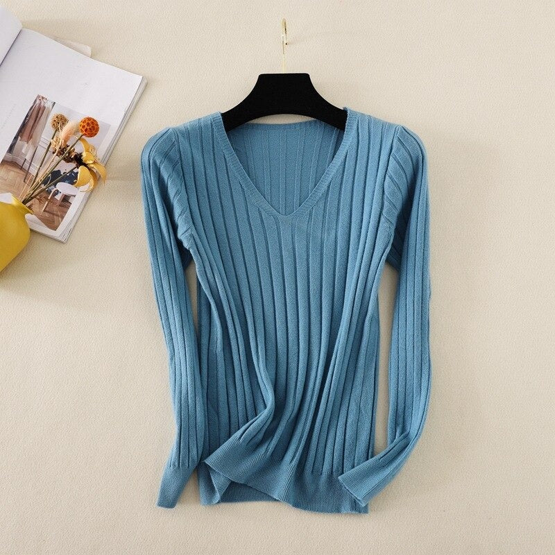 Basic V-Neck Solid Bodycon Knitted Sweater For Women Blue One Size