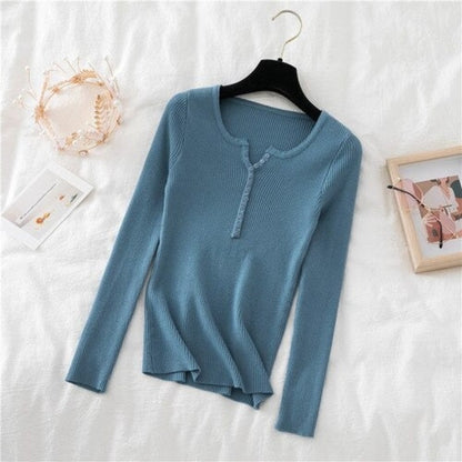 V-Neck Knitted Thin Long Sleeves Pullover For Women Blue One Size