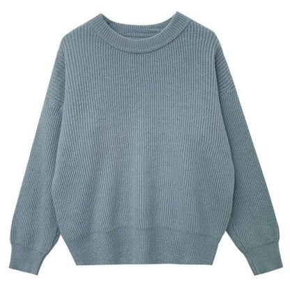 Cashmere Knitted Solid Long-Sleeved Pullover For Women Blue One Size