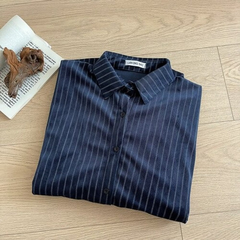 Korean Stripe Loose Thin Blouse Shirt For Women Blue One Size