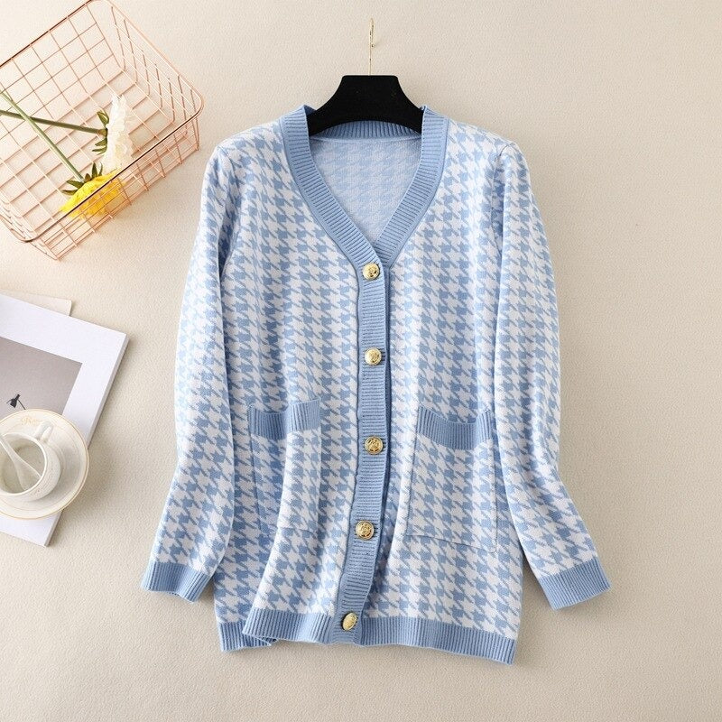 Elegant Houndstooth Knit Oversized Cardigan For Women Blue One Size