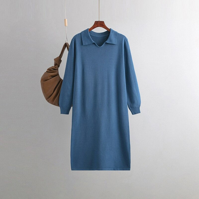 Polo Neck Loose Oversized Knitted Sweater Dress One Size Blue