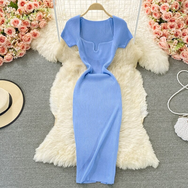 Knitted Square Neck Slit Slim Dress Blue One Size