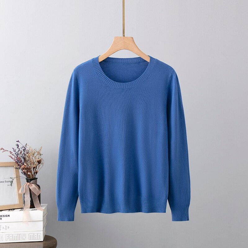 Warm Base Cashmere O-Neck Long-Sleeved Pullover Blue