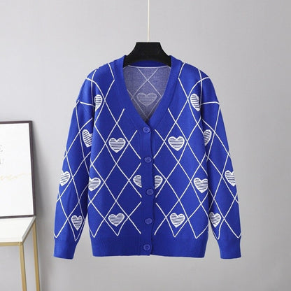 Warm Loose V-Neck Knitted Cardigan For Women Blue One Size