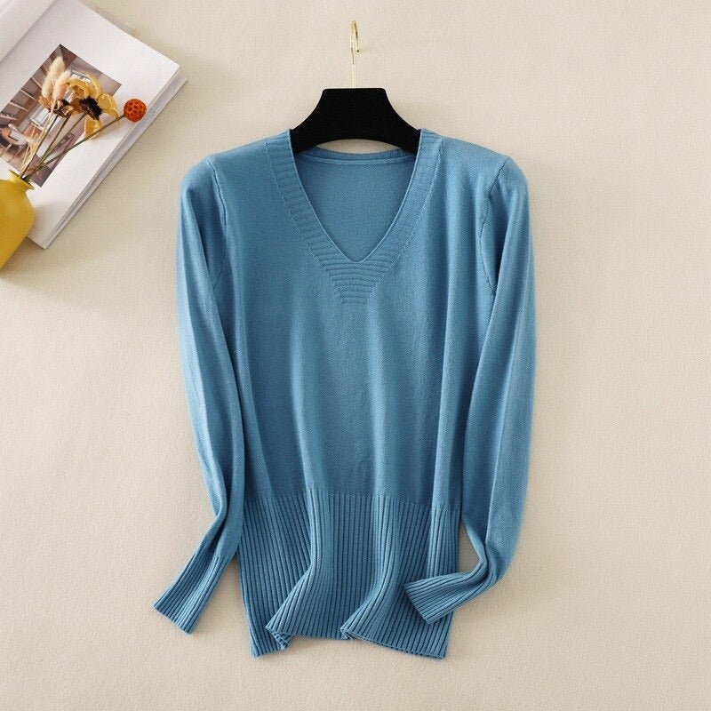 Slim Knitted Long Sleeve Sweater Jumper For Women Blue One Size