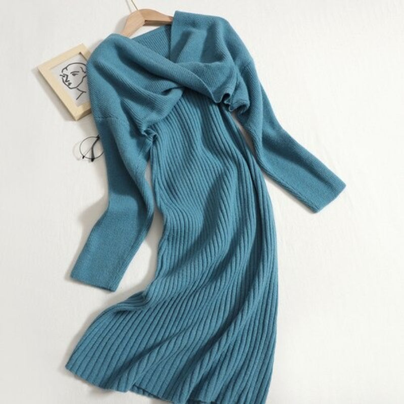 V-Neck Knitted Suspender Knotted Two-Piece Sweater Dress Blue One Size