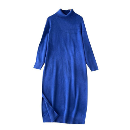 Loose Turtleneck Knitted Long Sleeve Sweater Dress One Size Blue