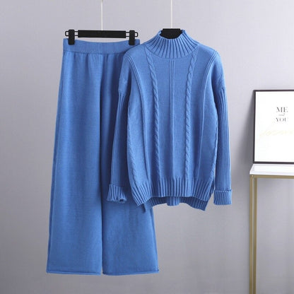 Warm Cashmere Sweater And Pants Sets For Women Blue One Size